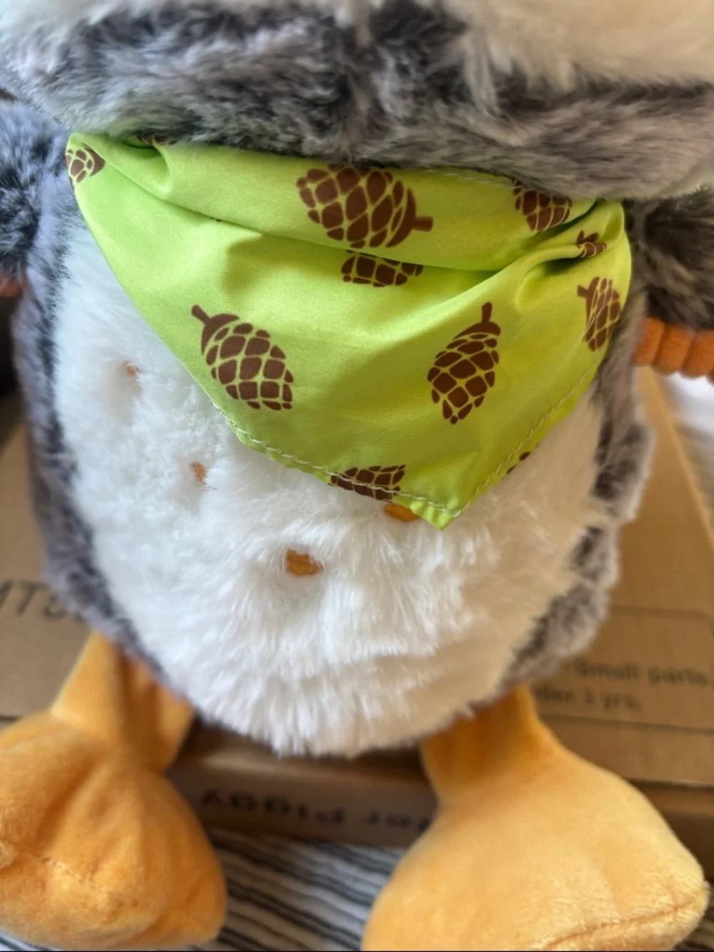 Gray & White Plush Owl Small Pet Toy with Green Pinecone Bandana